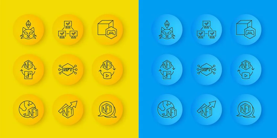 Set line NFT Digital crypto art, and blockchain technology icon. Vector Ilustração Stock