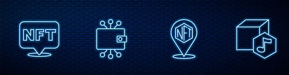Set line NFT Digital crypto art, Cryptocurrency wallet and . Glowing neon icon イラスト素材