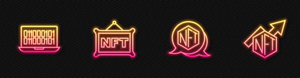 Set line NFT Digital crypto art, Binary code,  and growth bar chart. Glowin.. Stock Illustration