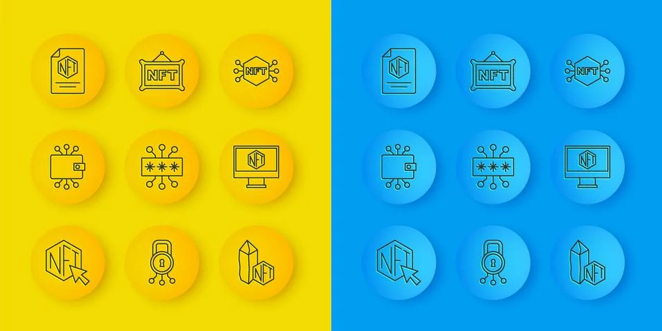 Set line NFT Digital crypto art, Cryptocurrency wallet, Cyber security, Mon.. Illustrazione stock