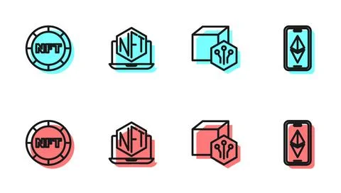 Set line NFT Digital crypto art, Laptop with store app and Ethereum ETH ico.. Ilustración de archivo