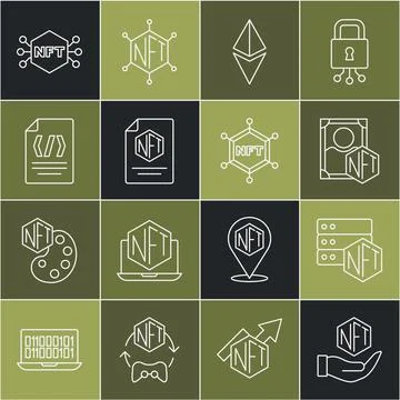 Set line NFT Digital crypto art, blockchain technology, Ethereum ETH, contr.. Illustrazione stock