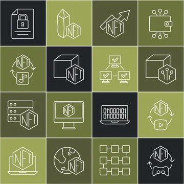 Set line NFT Digital crypto art, growth bar chart, Document and lock and bl.. Illustrazione stock