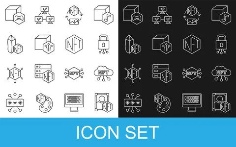 Set line NFT Digital crypto art, cloud, Cyber security,  and  icon. Vector Stock Illustration