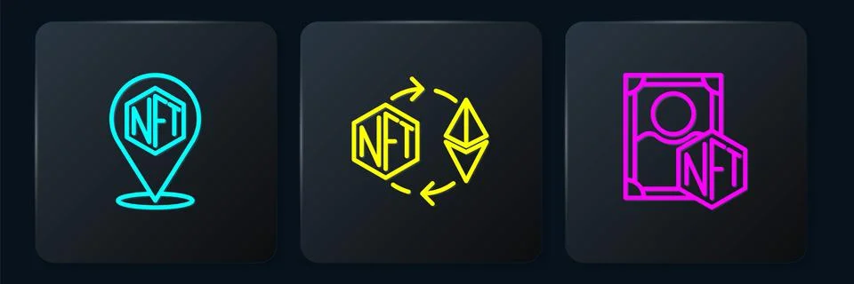 Set line NFT Digital crypto art,  and Ethereum exchange. Black square butto.. Stock Illustration