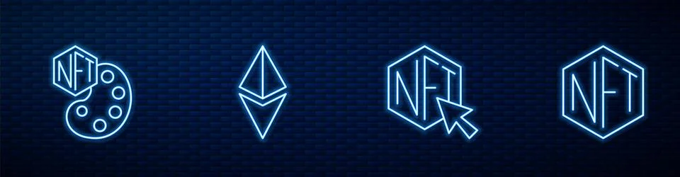 Set line NFT Digital crypto art, Ethereum ETH and . Glowing neon icon on br.. Ilustración de archivo