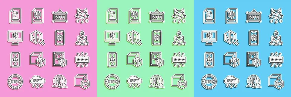 Set line NFT Digital crypto art, Cyber security, Monitor with store app, Do.. Stock Illustration