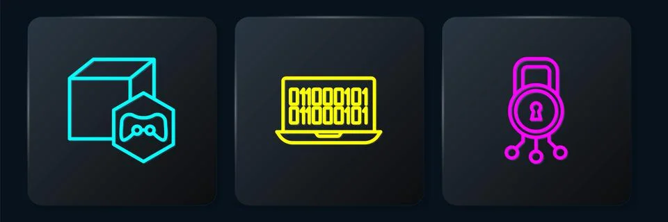 Set line NFT Digital crypto art, Cyber security and Binary code. Black squa.. Stock Illustration