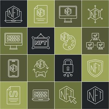 Set line NFT Digital crypto art, shield, blockchain technology, Monitor wit.. Illustrazione stock