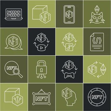 Set line NFT Digital crypto art, Ethereum exchange, Binary code, Mobile wit.. Stock Illustration