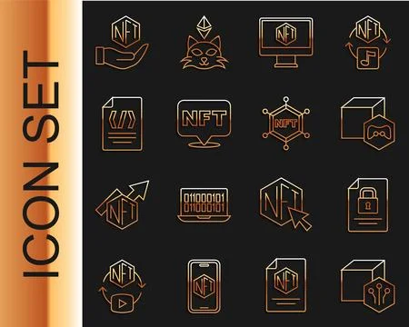 Set line NFT Digital crypto art, Document and lock, Monitor with store app,.. Stock Illustration