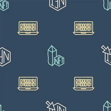 Set line NFT Digital crypto art, Binary code and  on seamless pattern. Vector Stock Illustration