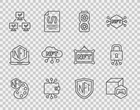 Set line NFT Digital crypto art, Video graphic card, Cryptocurrency wallet,.. Illustrazione stock
