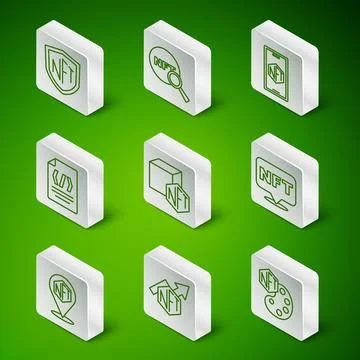 Set line NFT Digital crypto art, growth bar chart, shield, Binary code, Sea.. Stock Illustration