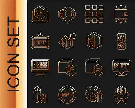Set line NFT Digital crypto art, Video graphic card, blockchain technology,.. Illustrazione stock