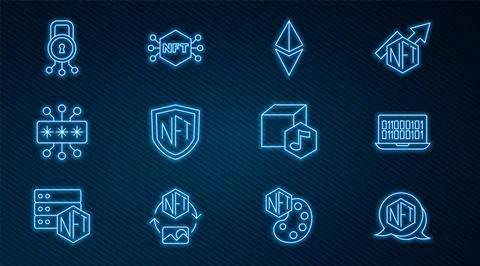 Set line NFT Digital crypto art, Binary code, Ethereum ETH, shield, Cyber s.. Stock Illustration