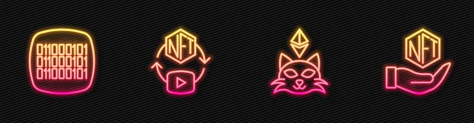 Set line NFT Digital crypto art, Binary code,  and . Glowing neon icon. Vecto Stock Illustration