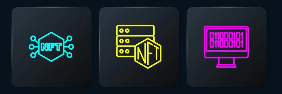 Set line NFT Digital crypto art, Binary code and blockchain technology. Bla.. Stock Illustration