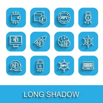 Set line NFT Digital crypto art Cyber security Cryptocurrency wallet blockcha Stock Illustration