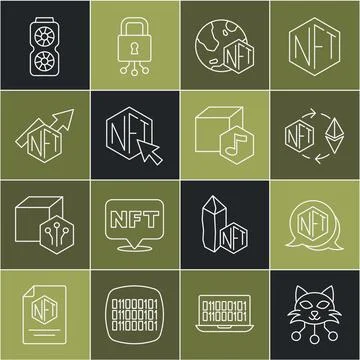 Set line NFT Digital crypto art Ethereum exchange growth bar chart Video grap Ilustração Stock