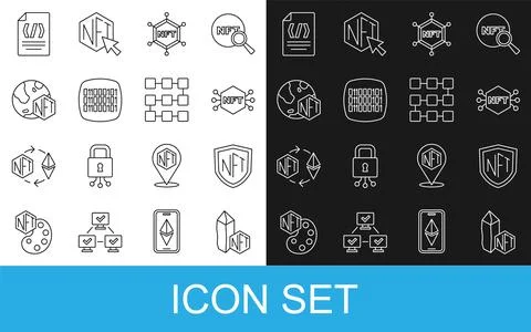 Set line NFT Digital crypto art, shield, blockchain technology, Binary code.. Stock Illustration