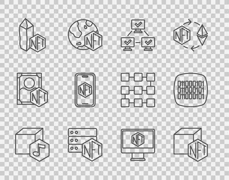 Set line NFT Digital crypto art, blockchain technology, Mobile with store a.. Illustrazione stock
