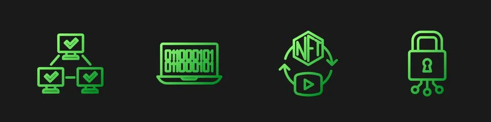 Set line NFT Digital crypto art, blockchain technology, Binary code and Cyb.. Stock Illustration