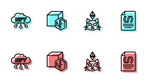 Set line NFT Digital crypto art, cloud,  and Binary code icon. Vector 库存插图