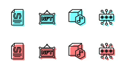 Set line NFT Digital crypto art, Binary code,  and Cyber security icon. Vecto Stock Illustration