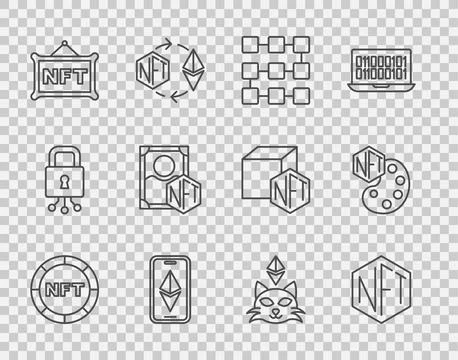 Set line NFT Digital crypto art, blockchain technology, Ethereum ETH,  and .. Illustrazione stock