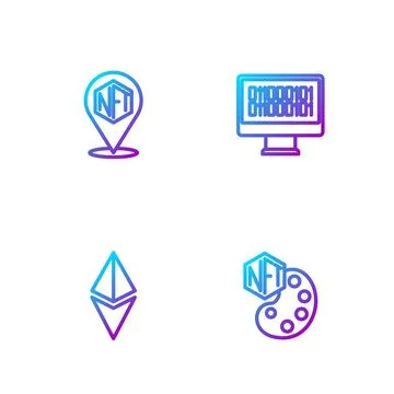 Set line NFT Digital crypto art, Ethereum ETH,  and Binary code. Gradient c.. Stock Illustration