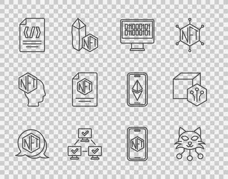 Set line NFT Digital crypto art, Binary code, blockchain technology, contra.. Stock Illustration