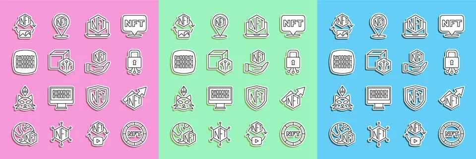 Set line NFT Digital crypto art, growth bar chart, Cyber security, Laptop w.. Stock Illustration