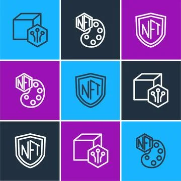 Set line NFT Digital crypto art, shield and  icon. Vector Stock Illustration