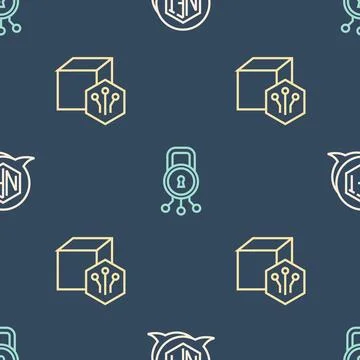 Set line NFT Digital crypto art,  and Cyber security on seamless pattern. V.. Stock Illustration
