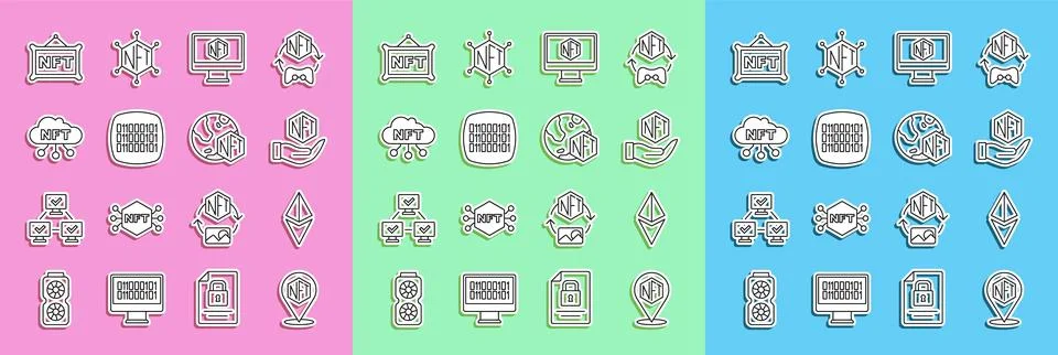 Set line NFT Digital crypto art, Ethereum ETH, Monitor with store app, Bina.. Illustration