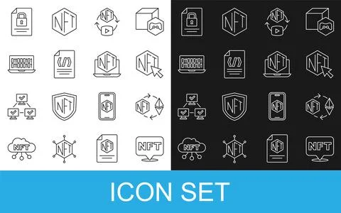 Set line NFT Digital crypto art, Ethereum exchange, Binary code, Document a.. Stock Illustration