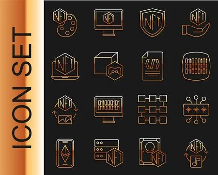 Set line NFT Digital crypto art, Cyber security, Binary code, shield, Lapto.. Stock Illustration