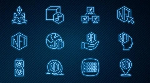 Set line NFT Digital crypto art, blockchain technology,  and  icon. Vector Illustrazione stock