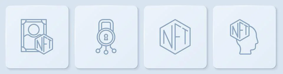 Set line NFT Digital crypto art, Cyber security and . White square button. .. Stock Illustration