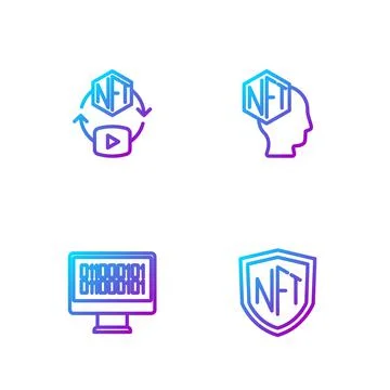 Set line NFT shield, Binary code, Digital crypto art and . Gradient color ico Stock Illustration