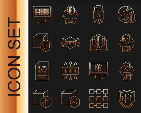 Set line NFT shield, Digital crypto art, Cyber security, Binary code and Laptop Stock Illustration