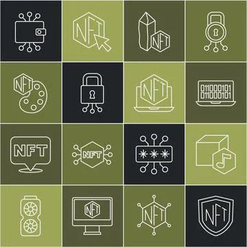 Set line NFT shield, Digital crypto art, Binary code, Cyber security 스톡 일러스트
