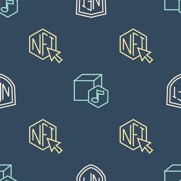 Set line NFT shield, Digital crypto art and on seamless pattern. Vector Illustrazione stock