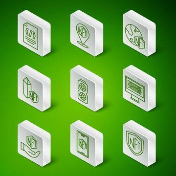 Set line NFT shield, Mobile with art store app, Binary code, Video graphic card Stock Illustration