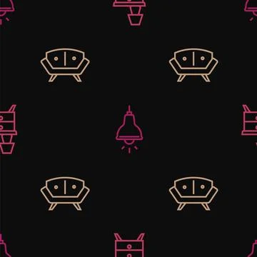 Set line Nightstand with lamp, Sofa and Lamp hanging on seamless pattern. V.. Illustrazione stock