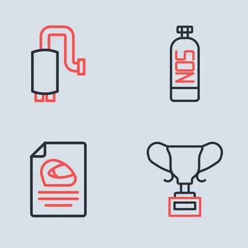 Set line Nitrous oxide, Racing helmet, Award cup and Car muffler icon. Vector Stock Illustration