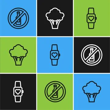 Set line No alcohol, Smart watch and Broccoli icon. Vector イラスト素材