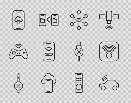 Set line No audio jack, Smart car system, Network, Cloud technology data, Mobile Stock Illustration