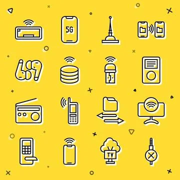 Set line No audio jack, Smart Tv system, Music player, Antenna, data server.. Illustrazione stock